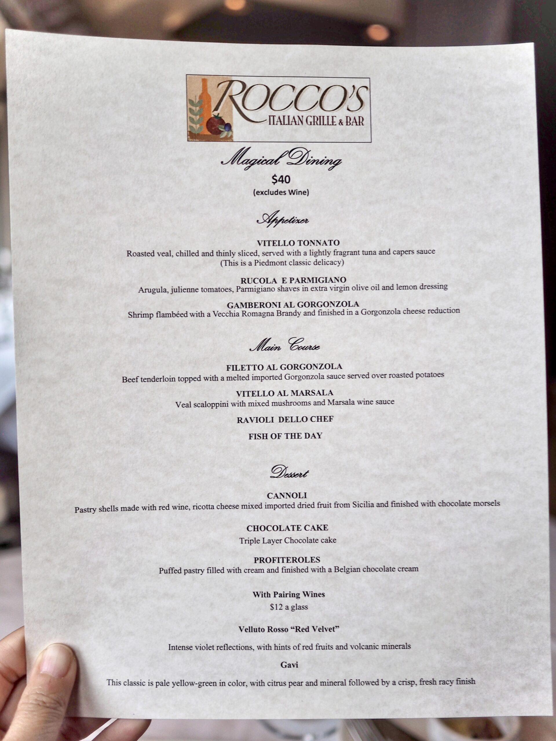 First Look 2022 Magical Dining Menu Rocco's Italian Grille Orlando